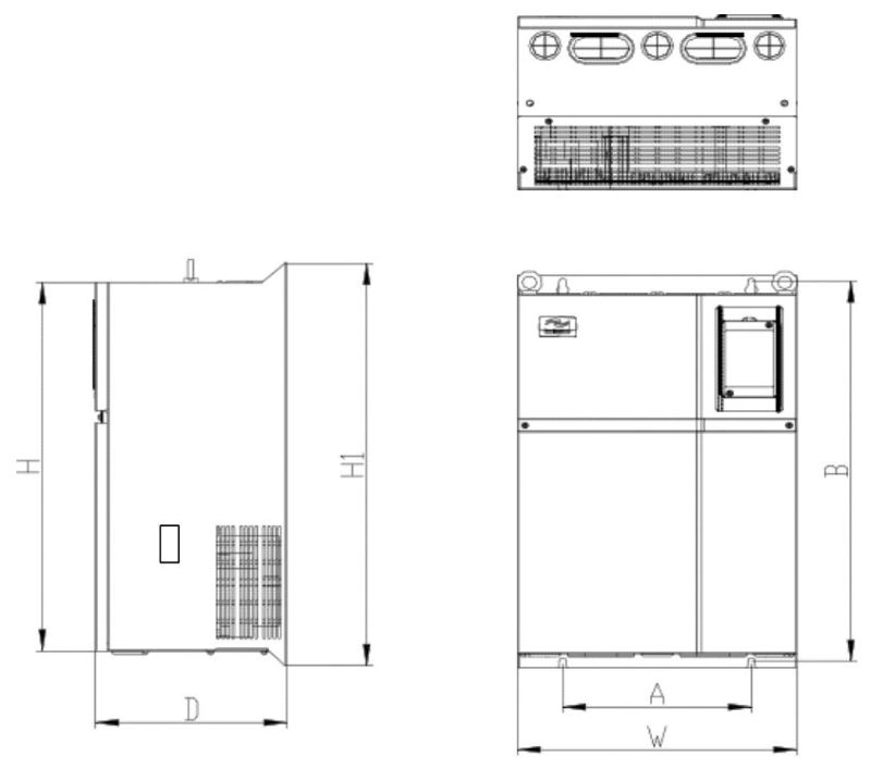SK600变频器钣金结构外型尺寸及安装尺寸示意图